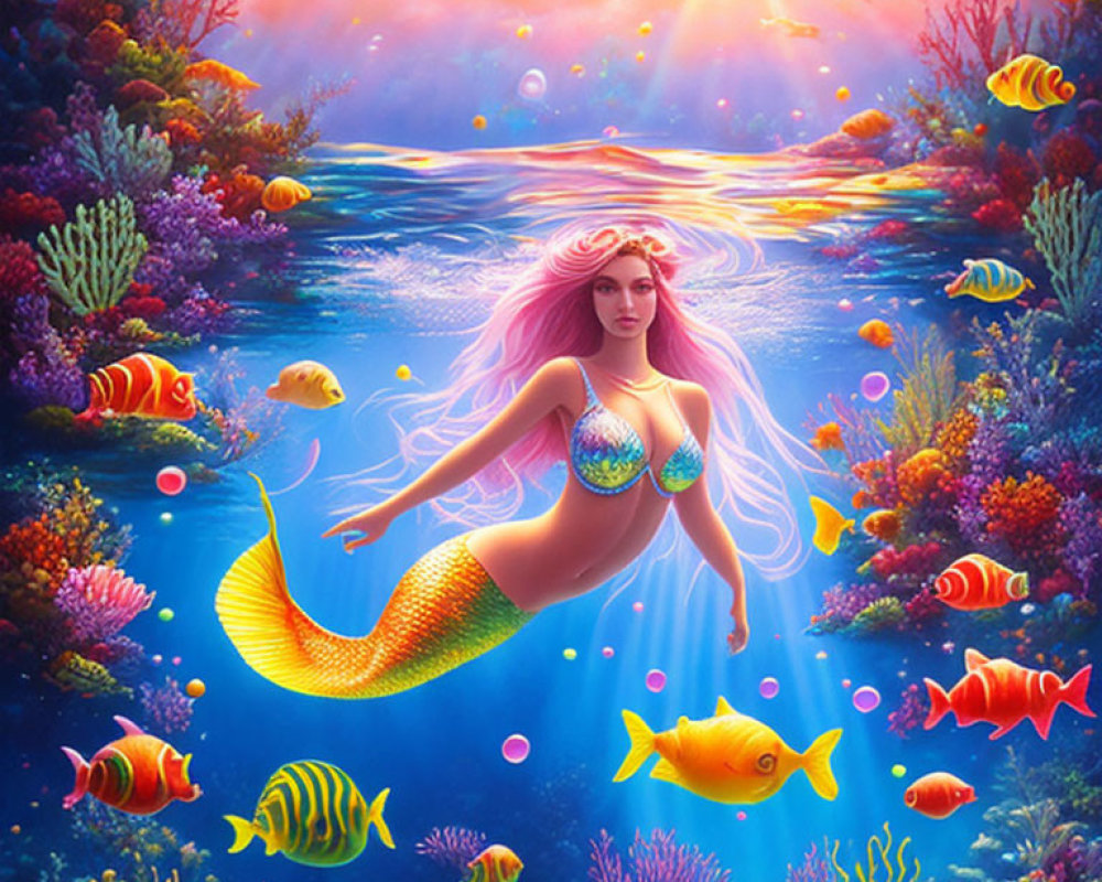 Colorful Mermaid Illustration with Pink Hair in Underwater Scene