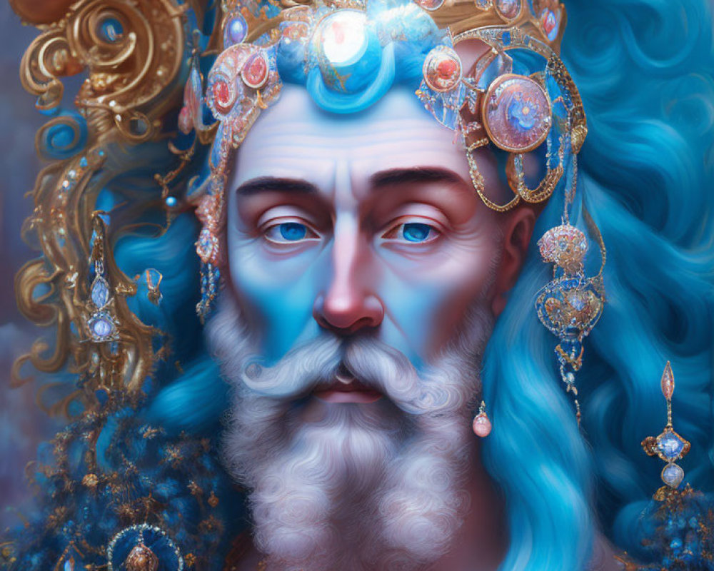 Regal figure with blue hair and beard in ornate golden jewelry