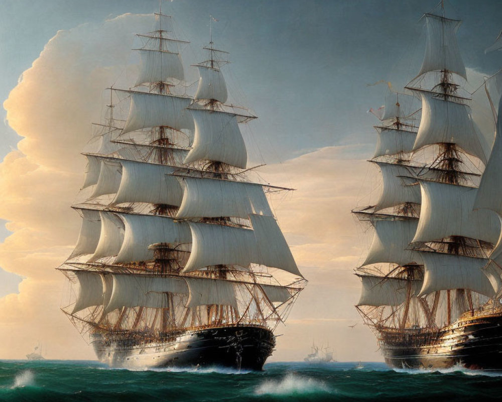 Majestic sailing ships with full sail on high seas under dramatic sky