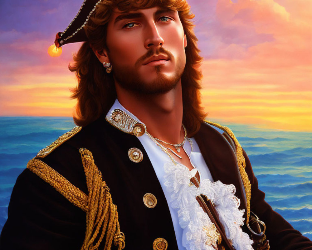 Bearded man in pirate costume with tricorn hat at sunset