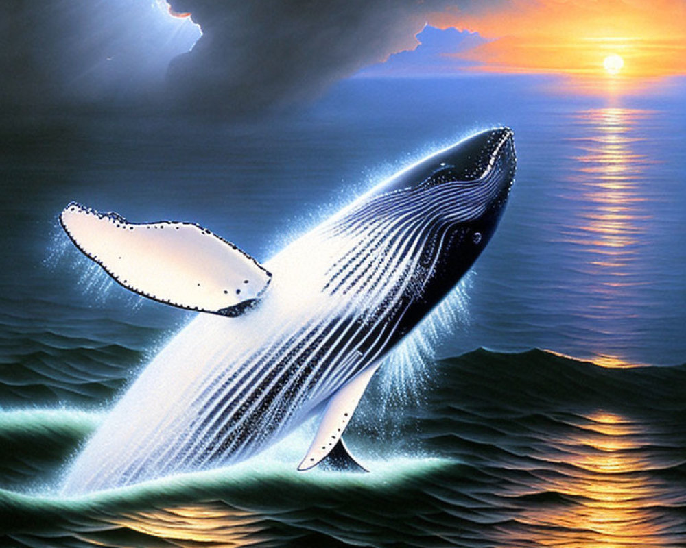 Humpback whale breaching at sunset with water cascading off its body