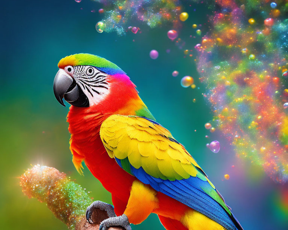 Colorful Macaw Perched on Branch with Cosmic Background