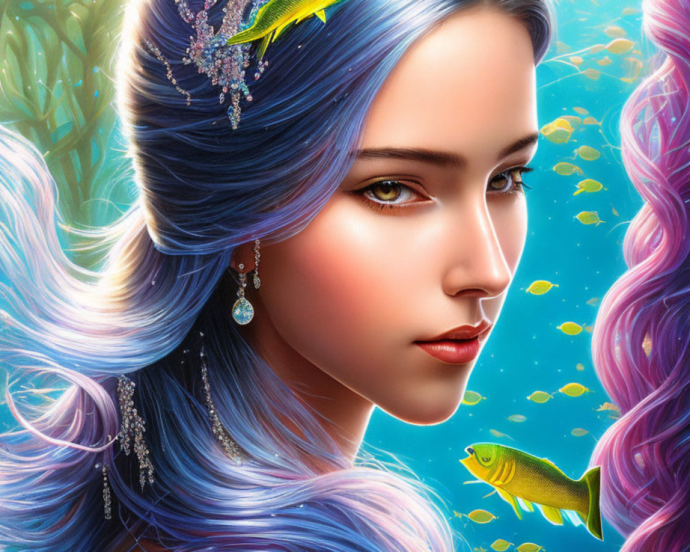 Digital artwork: Woman with blue hair and jeweled hairpiece, fish in underwater scene