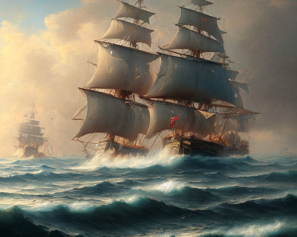 Tall ships sailing on tumultuous seas with billowing sails and cloudy sky