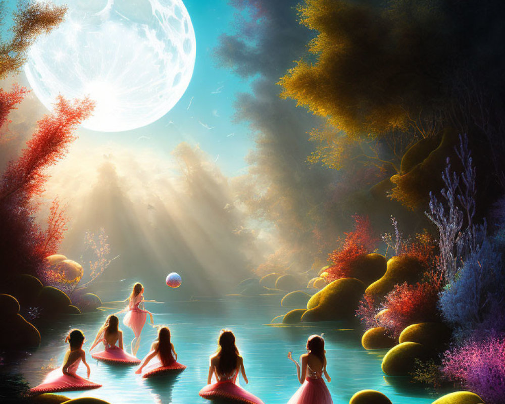 Mystical river scene with girls in pink dresses under large moon