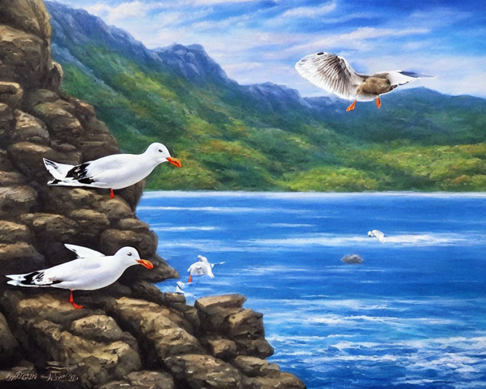 Seagulls by the Sea: Flying and Perched on Rocky Cliffs