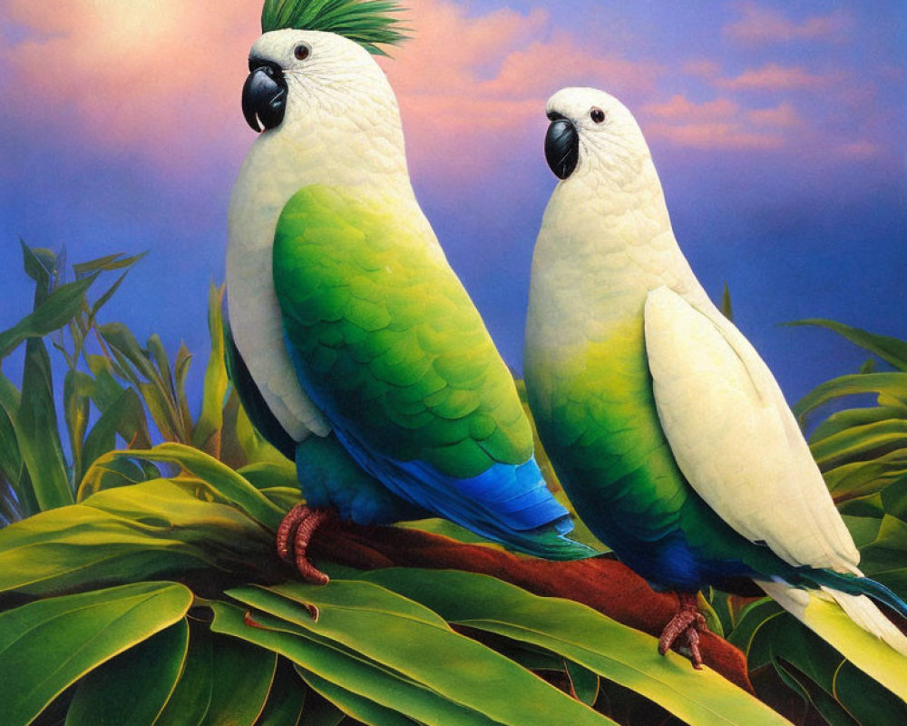 Vibrant Green and Blue Parrots Perched on Branch at Dusk