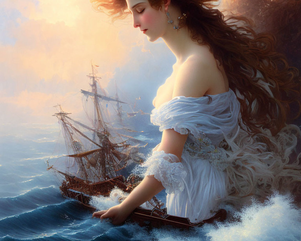 Ethereal woman with flowing hair and diadem gazes at ship in ocean