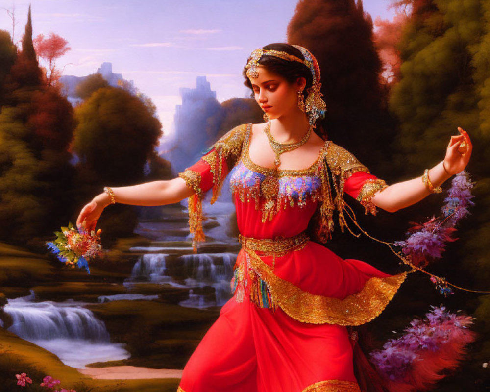 Traditional red dress with golden embroidery dances in serene waterfall backdrop