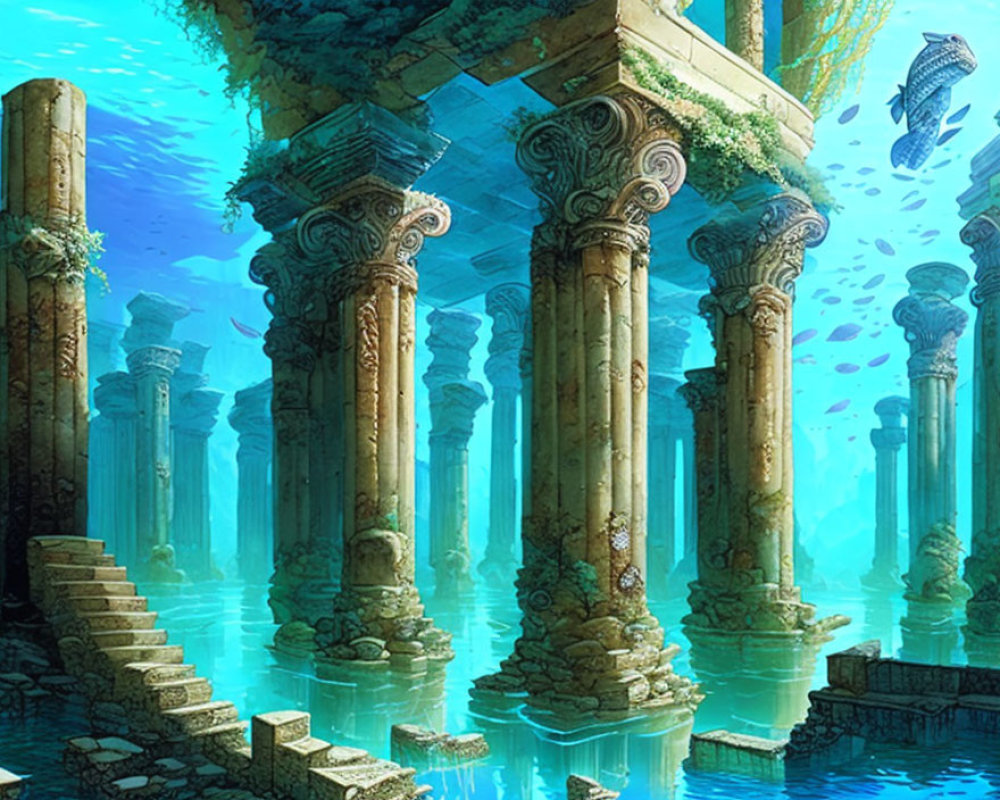 Underwater scene with sunlit Greek-style columns and marine life