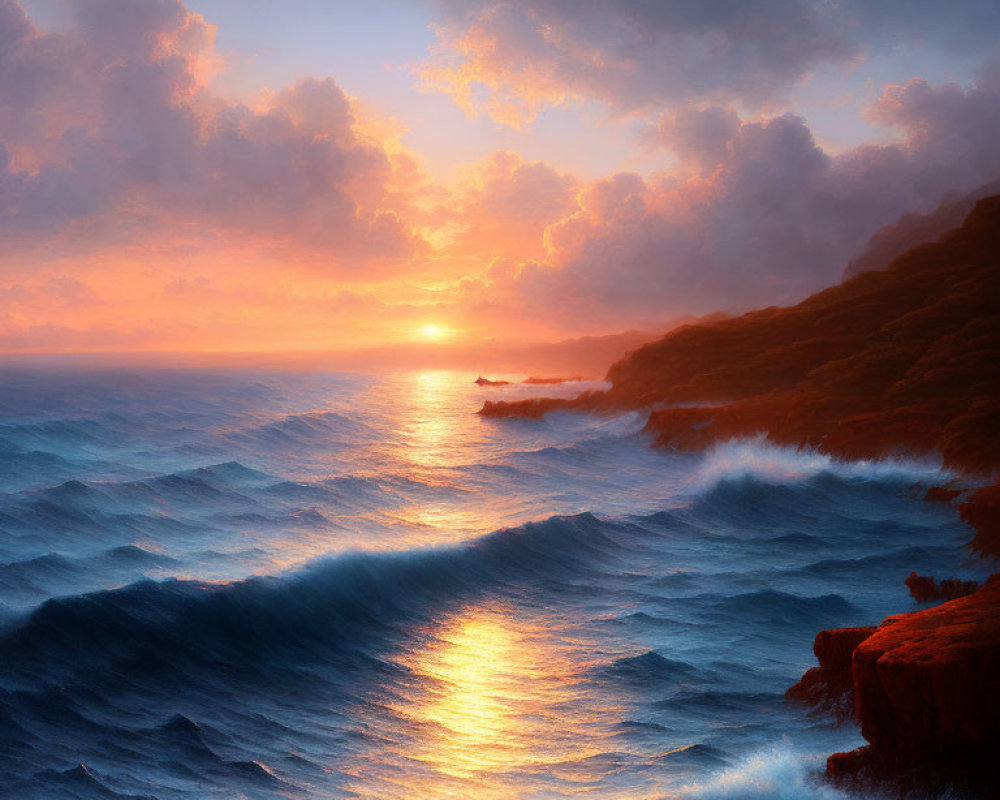 Vibrant sunset seascape with golden sun path, rolling waves, and rocky shoreline