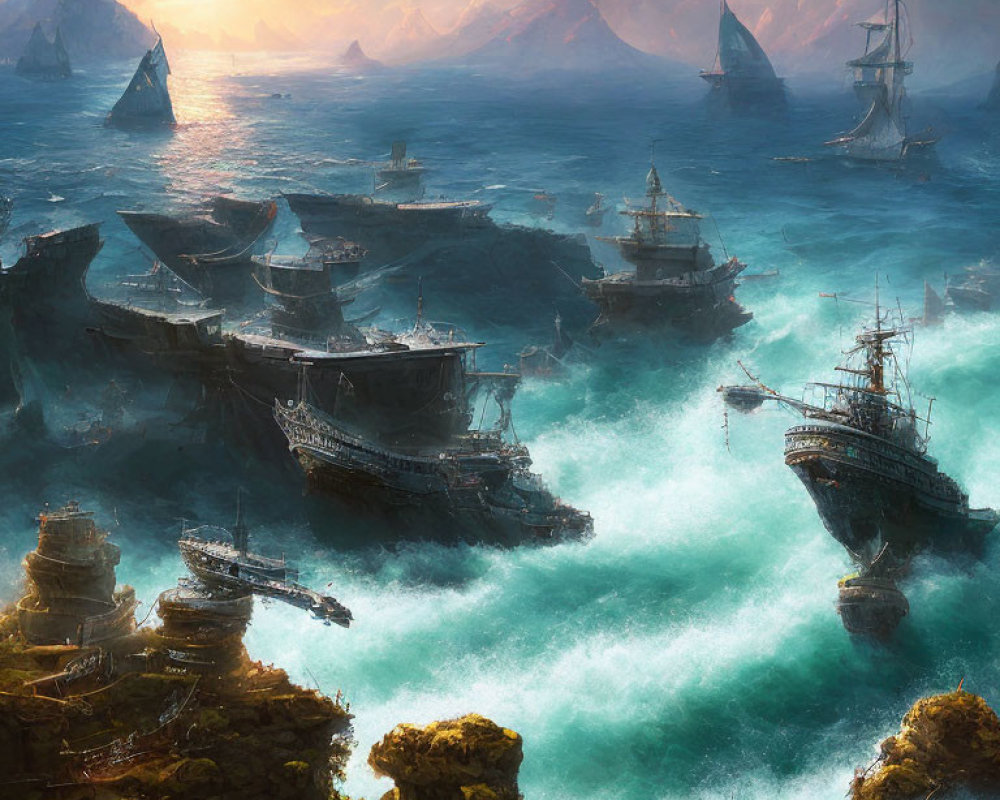 Majestic ships sailing through misty, sunlit seascape