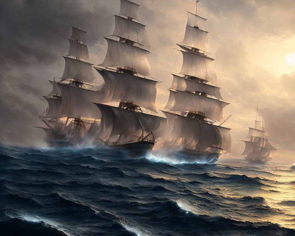 Tall ships with full sails on tumultuous ocean waves at sunset