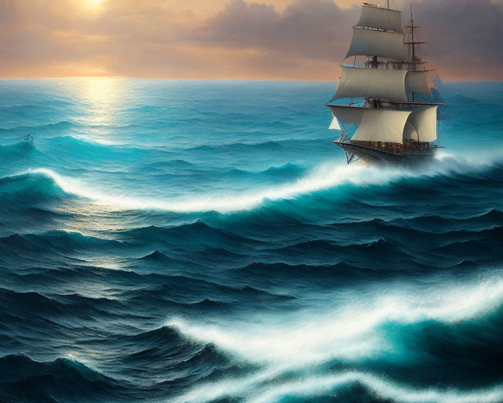 Sailing tall ship on ocean waves under sunset sky