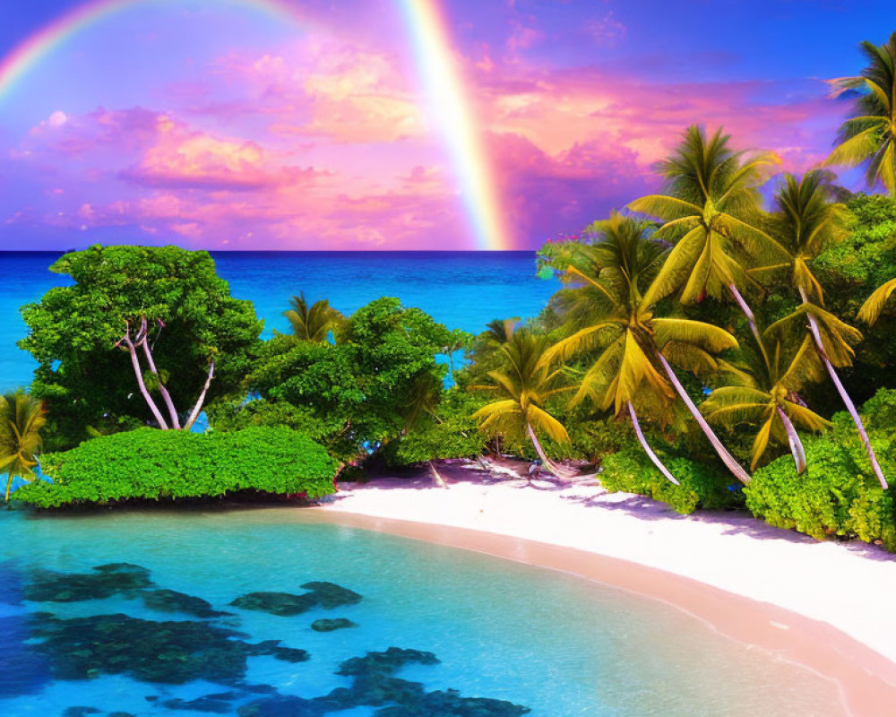 Double Rainbow Over Tropical Beach with Palm Trees, Clear Blue Water, Sandy Shore, and Coral Reefs