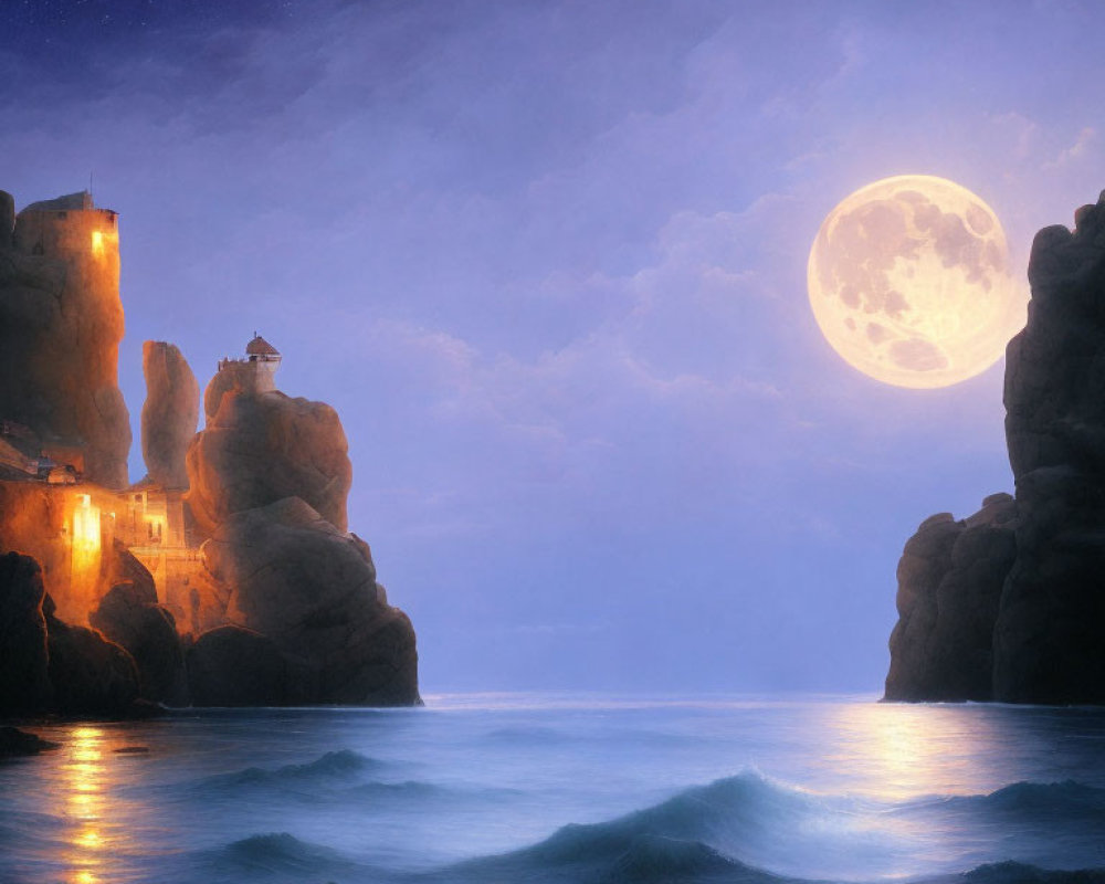 Moonlit seascape with illuminated cliffside buildings and full moon over gentle waves