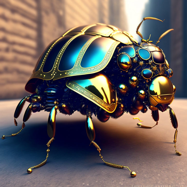 Golden Metallic Stylized Beetle with Reflective Surfaces