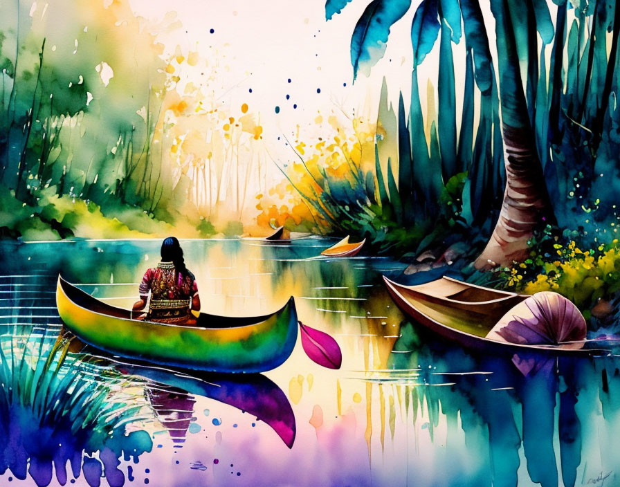 Vibrant watercolor painting of person in canoe on serene river