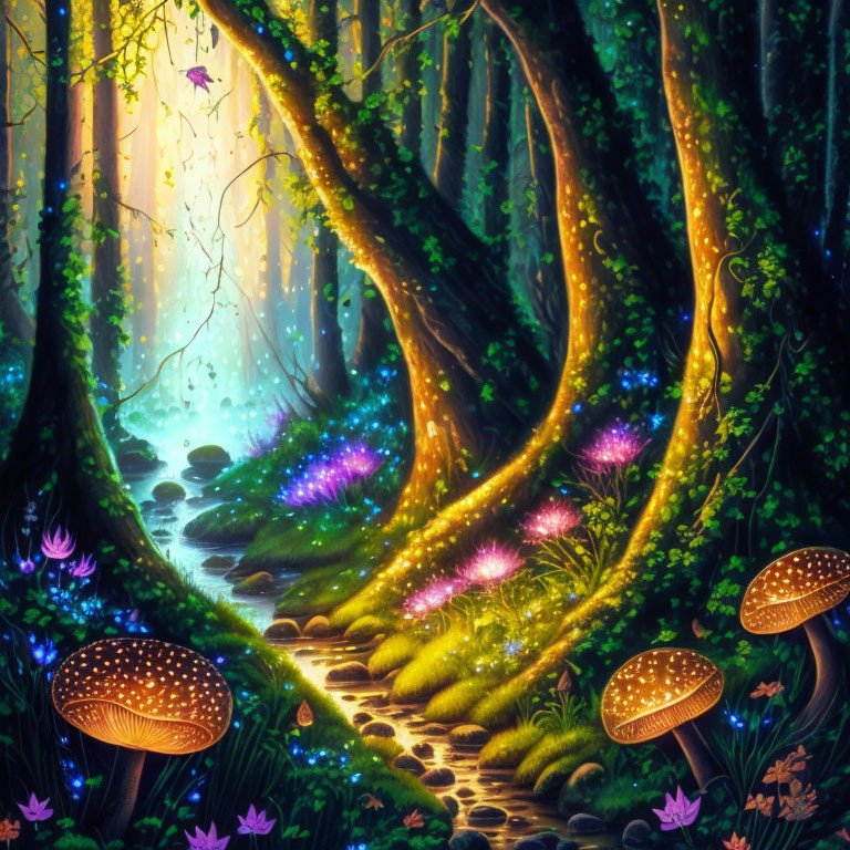 Enchanted forest with glowing flora, stone path, and twisted trees