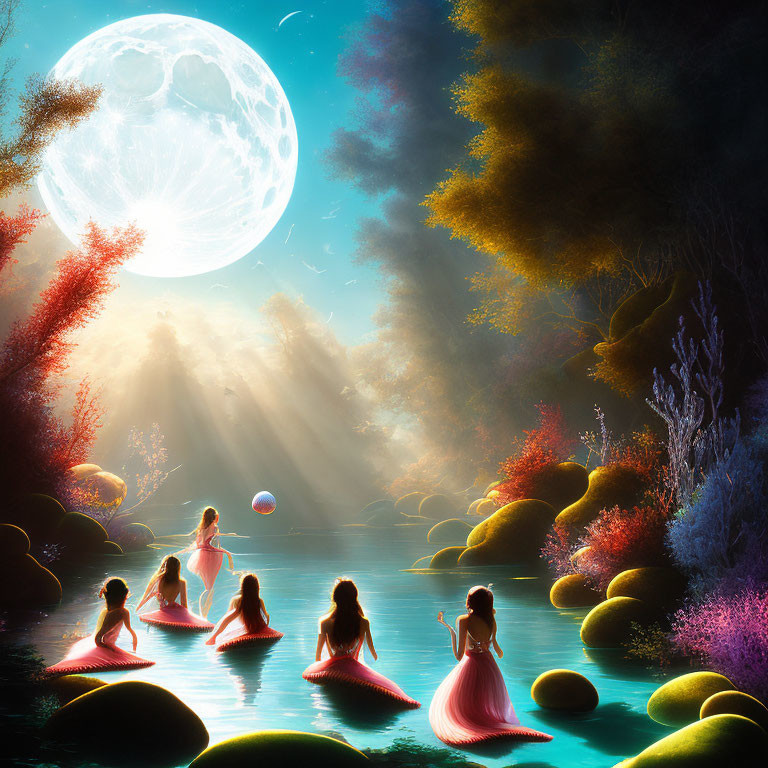 Mystical river scene with girls in pink dresses under large moon