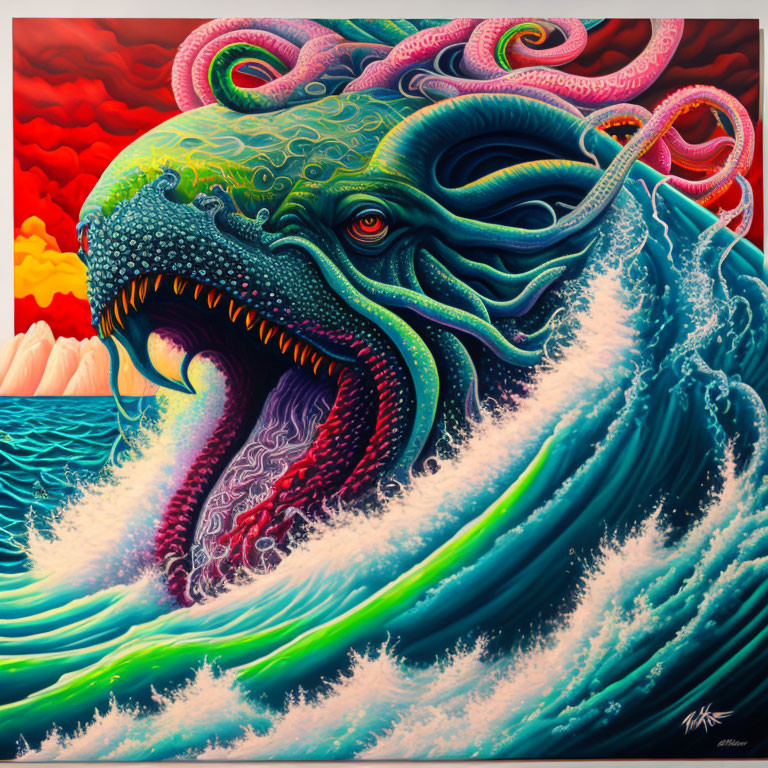 Colorful surrealist painting: Octopus creature emerges from ocean against red sky