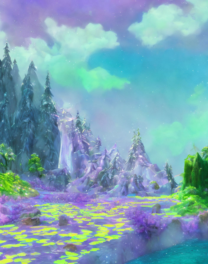 Lilac-colored river in lush fantasy landscape