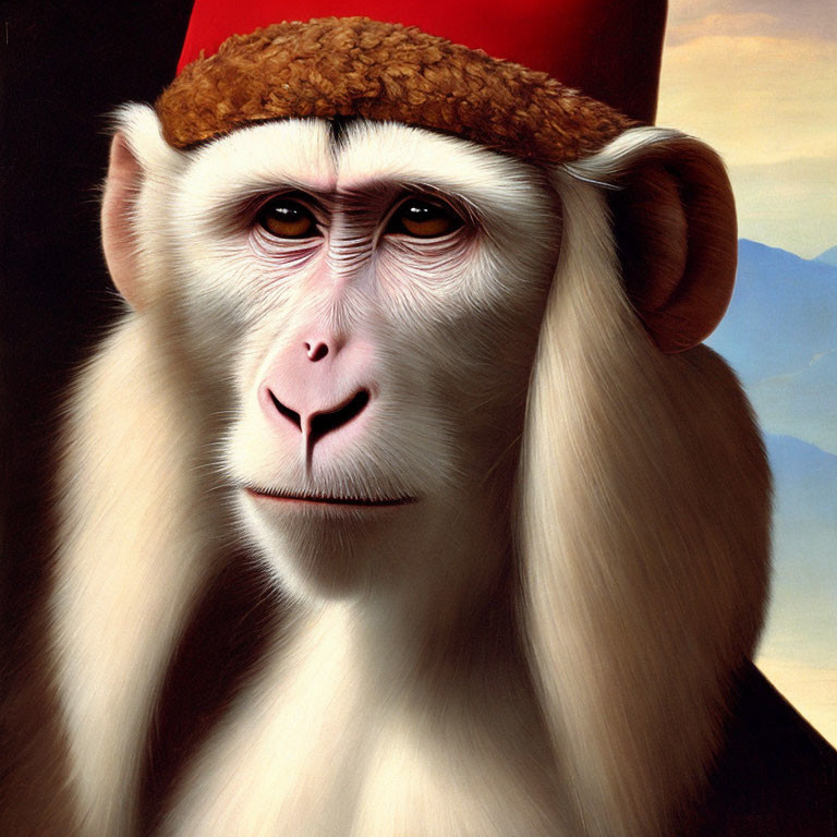 Monkey with human-like features in red fez hat on dark background