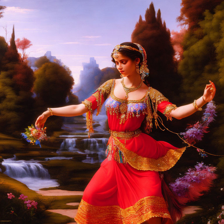 Traditional red dress with golden embroidery dances in serene waterfall backdrop