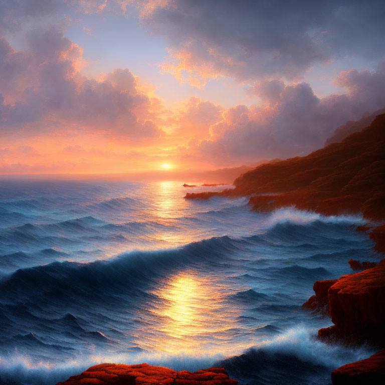 Vibrant sunset seascape with golden sun path, rolling waves, and rocky shoreline