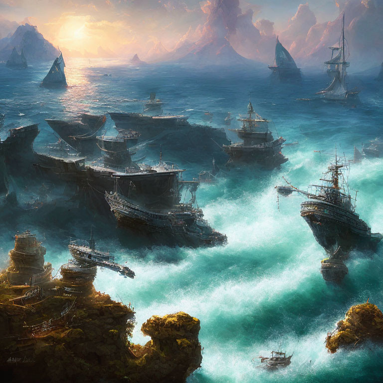 Majestic ships sailing through misty, sunlit seascape