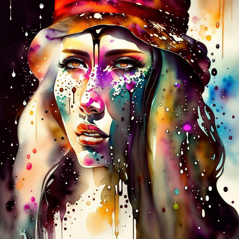 Vibrant watercolor portrait of a woman with colorful tears and red headband