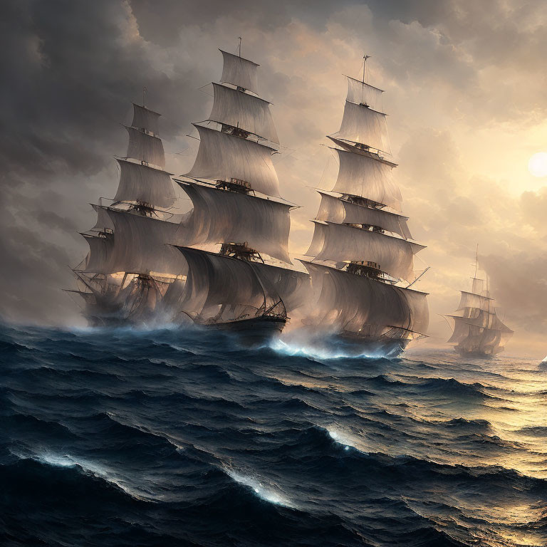 Tall ships with full sails on tumultuous ocean waves at sunset