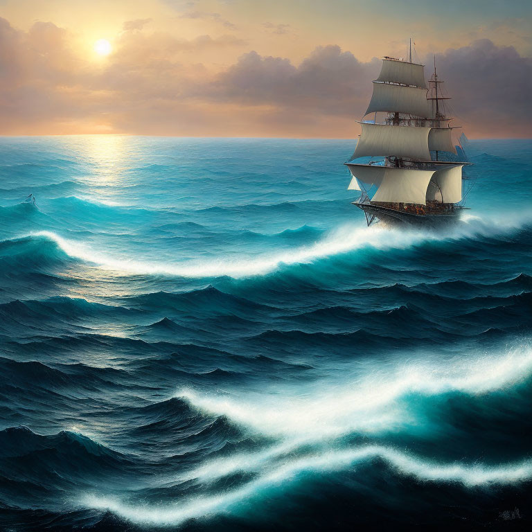 Sailing tall ship on ocean waves under sunset sky