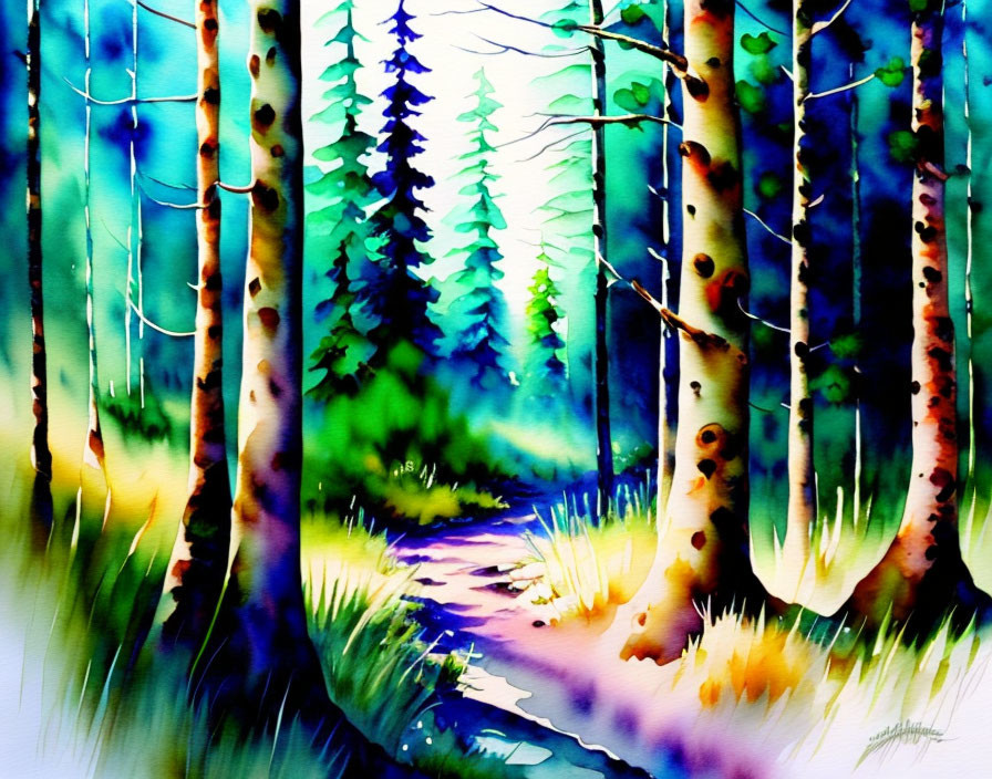 Serene forest path watercolor painting with slender trees and lush greenery