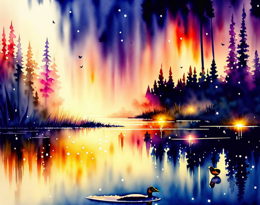 Tranquil forest scene with lake reflections, northern lights, and duck.