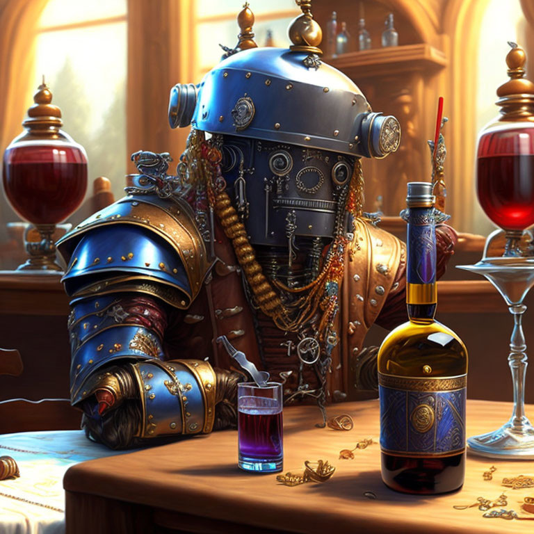 Detailed Illustration: Medieval Knight Robot at Table with Goblets and Jewelry