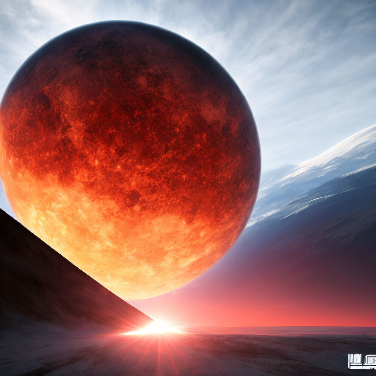 Alien desert landscape with large red planet and bright star.