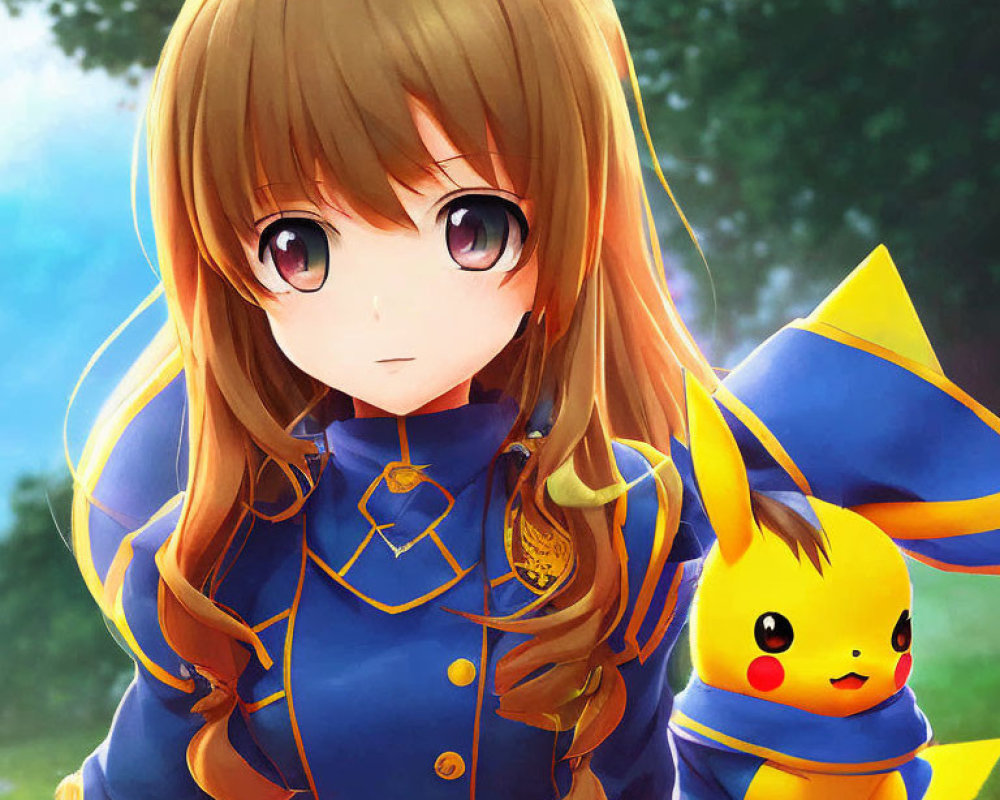 Brown-Haired Anime Girl with Pikachu in Blue Uniform