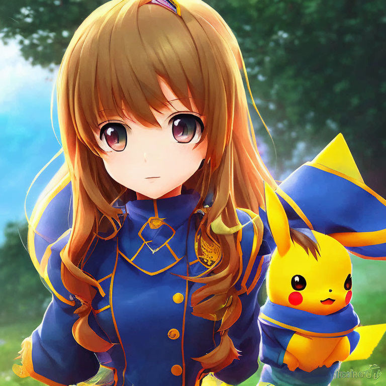 Brown-Haired Anime Girl with Pikachu in Blue Uniform