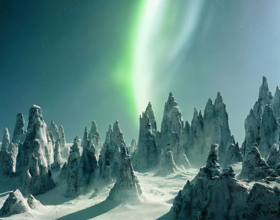 Snowy Night Landscape with Starry Sky & Aurora Borealis