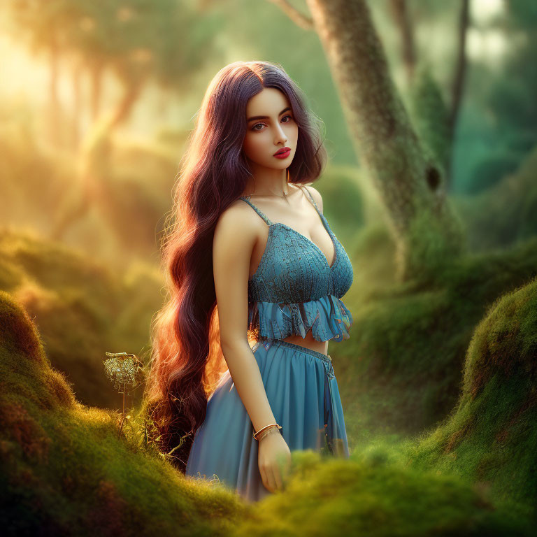 Purple-haired woman in blue dress in mystical forest with sunlight.