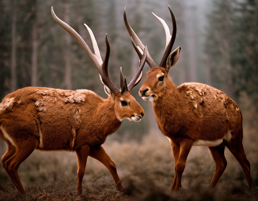 Two impalas with large, spiraled horns in misty forest, molting coats