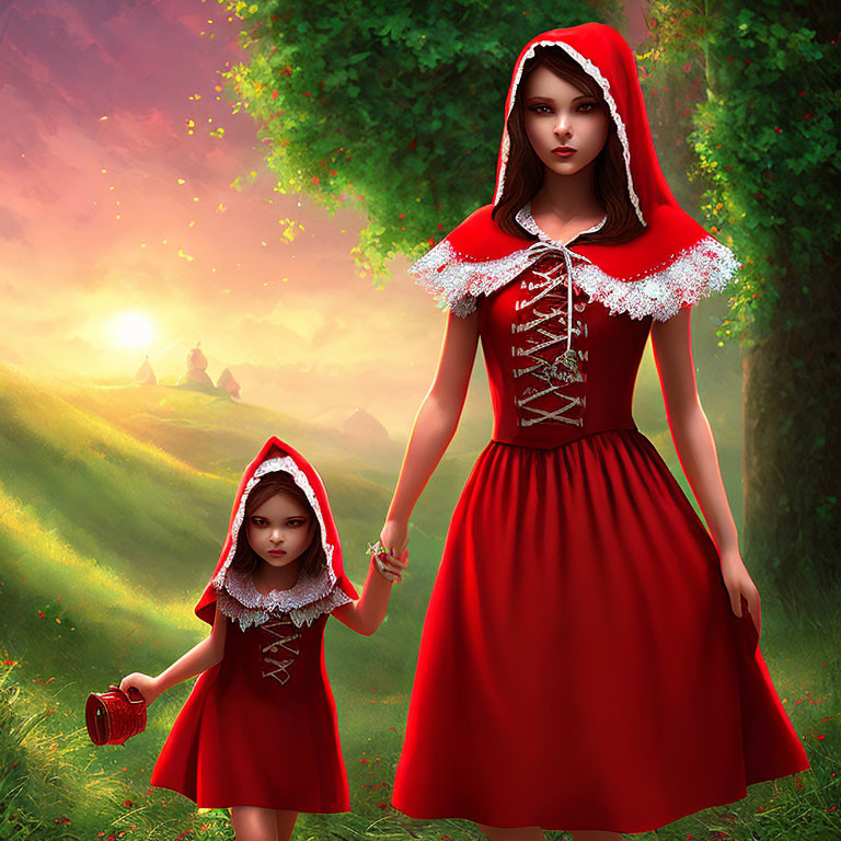 Two girls in red hooded capes walking in sunlit forest with basket and distant horseman.