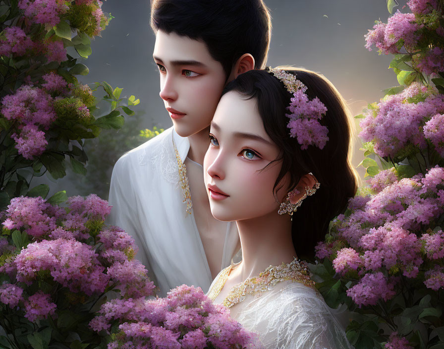 Elegant white-clad couple amidst lush purple flowers