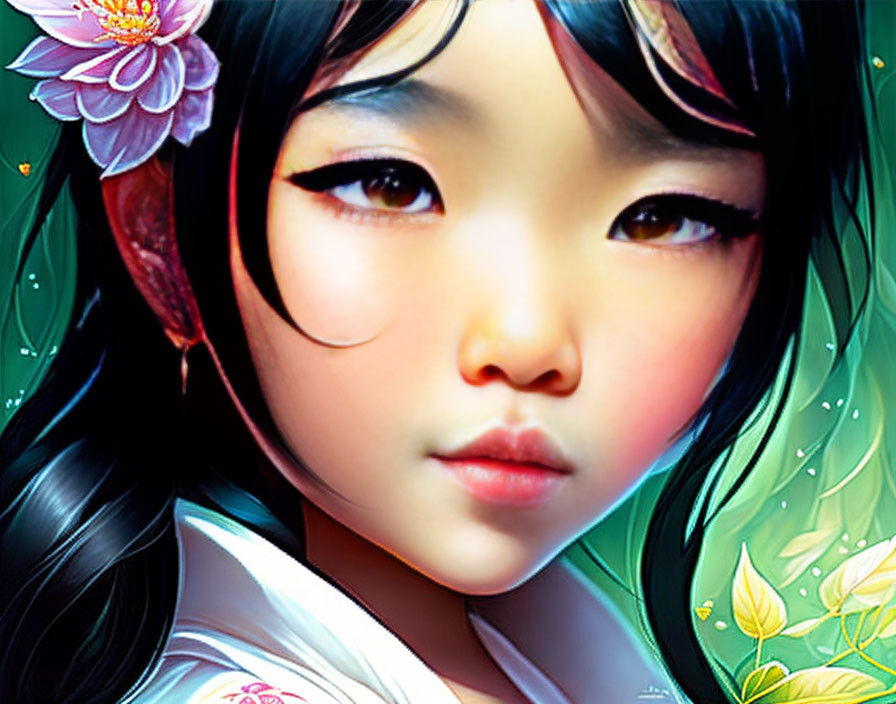 Illustration of girl with large eyes, rosy cheeks, pink lotus flower, and green foliage