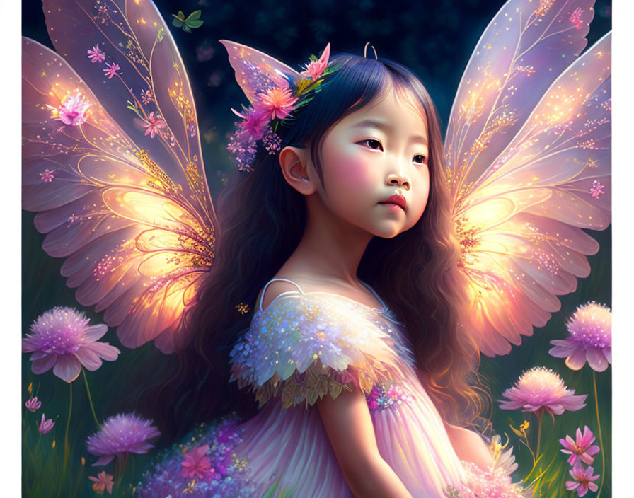 Young girl with fairy wings in glowing, floral setting