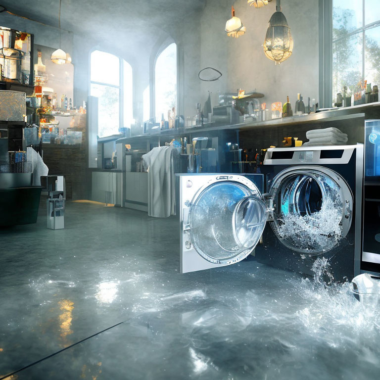 Flooded laundromat with overflowing washing machine under ambient lighting