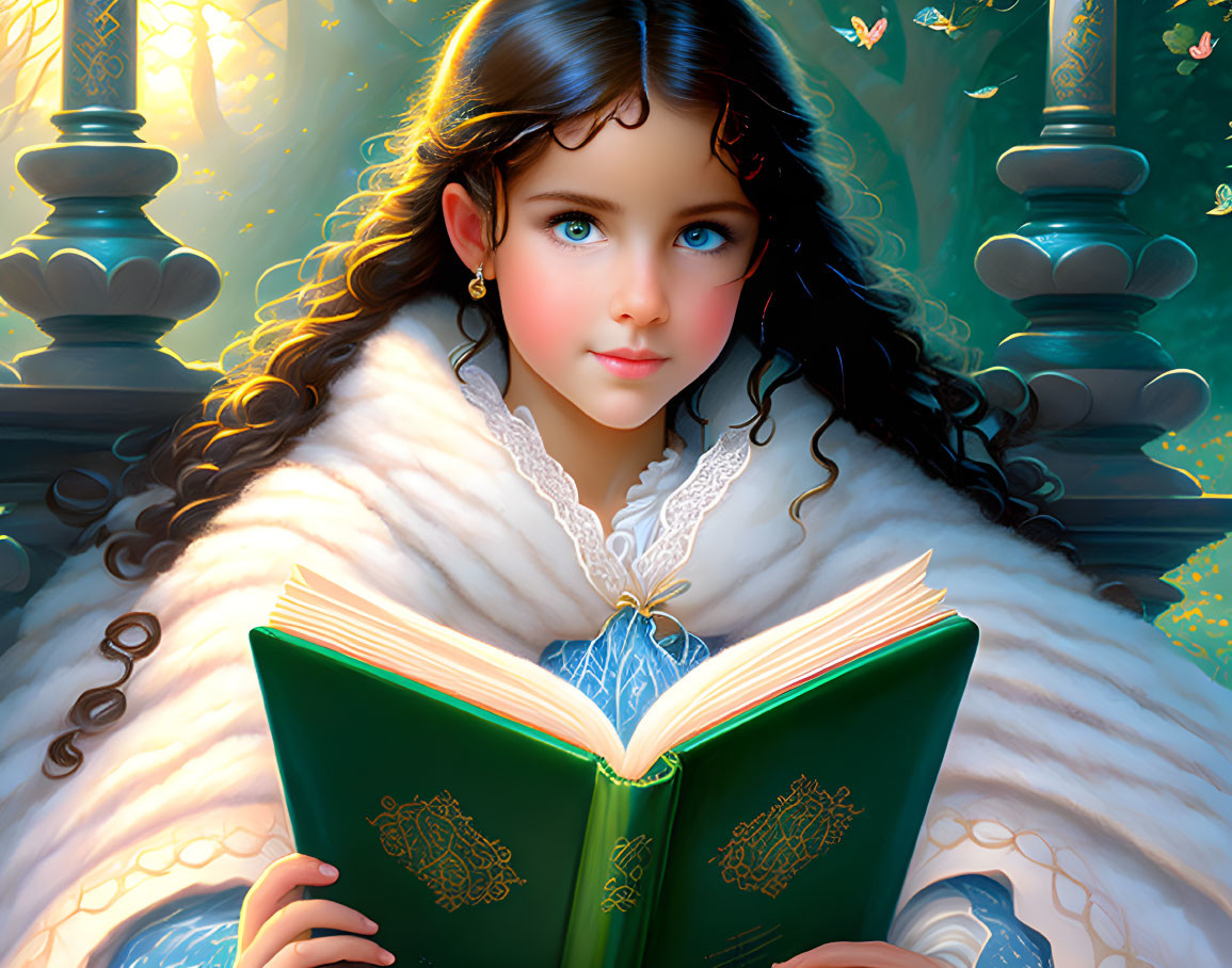 Young girl reading green book surrounded by butterflies in enchanting setting