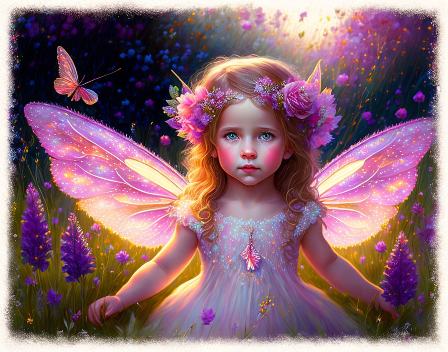 Young girl with fairy wings in twilight surrounded by flowers and butterflies