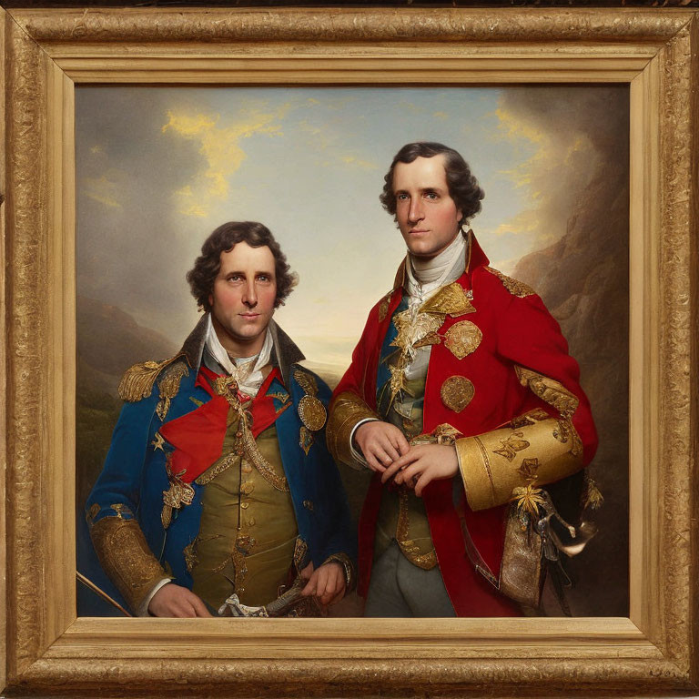 Two Men in Ornate Military Uniforms Standing Together in Dramatic Landscape